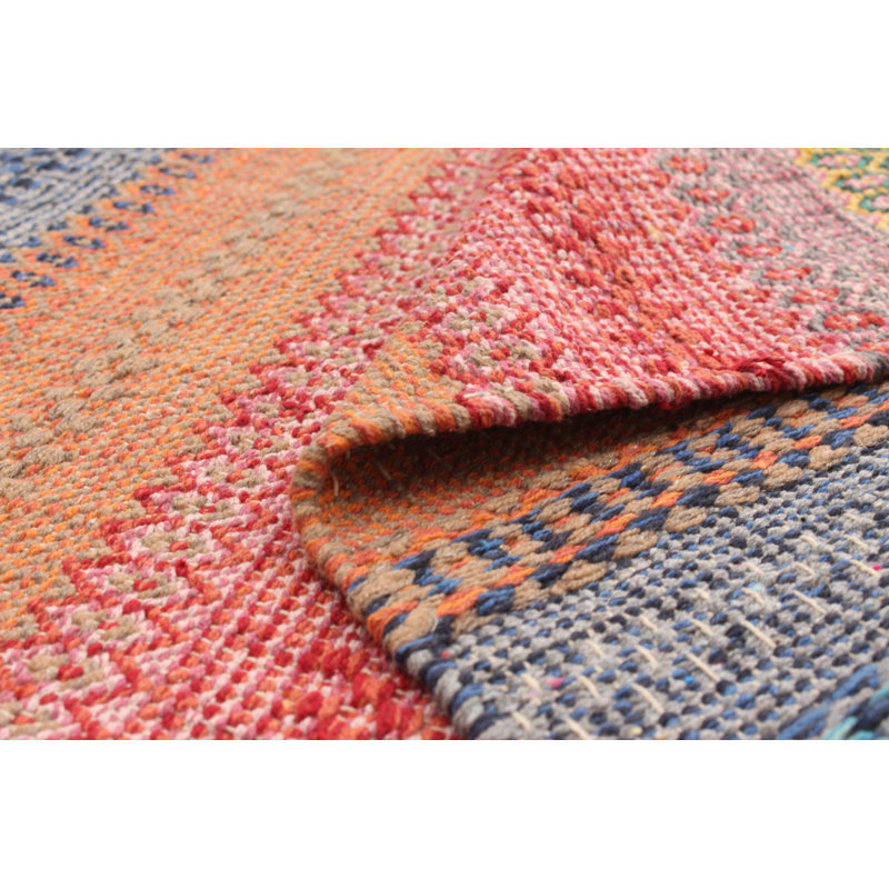 Tapis orange / bleu / vert en laine à motif géométrique fait à la main Kilim