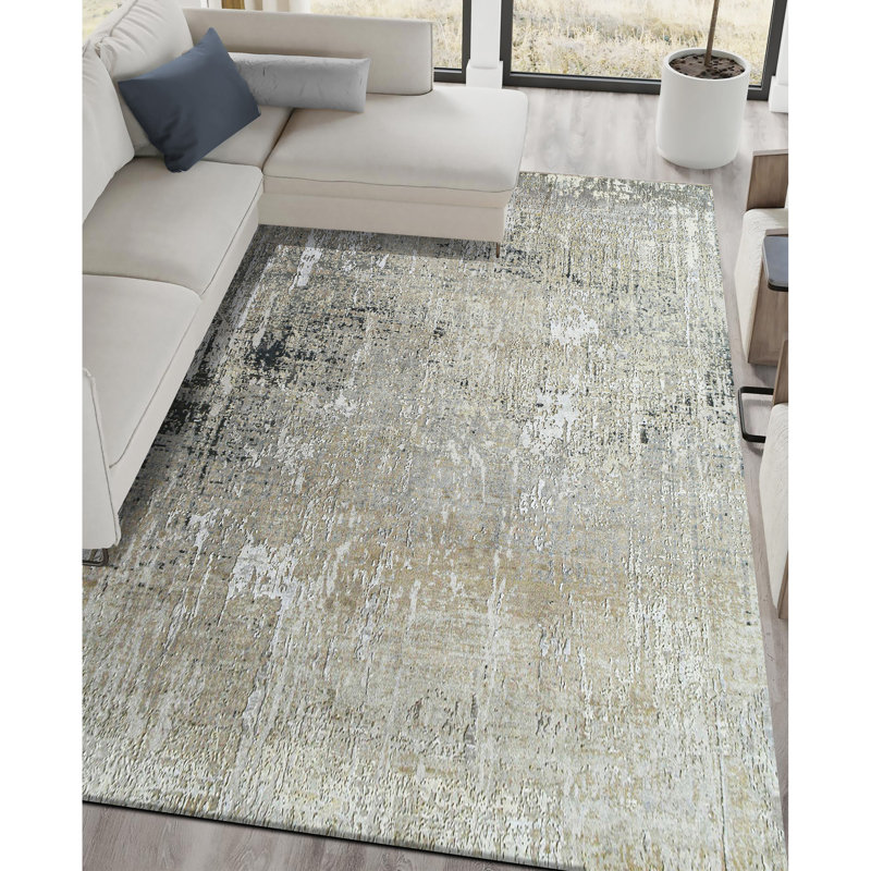 Hand Woven Silk and Wool Abstract Area Rug, Rectangle 8' x 10'