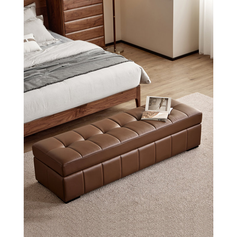 Repose-pieds de luxe rectangulaire avec rangement en bois massif, Cuir fleur brun