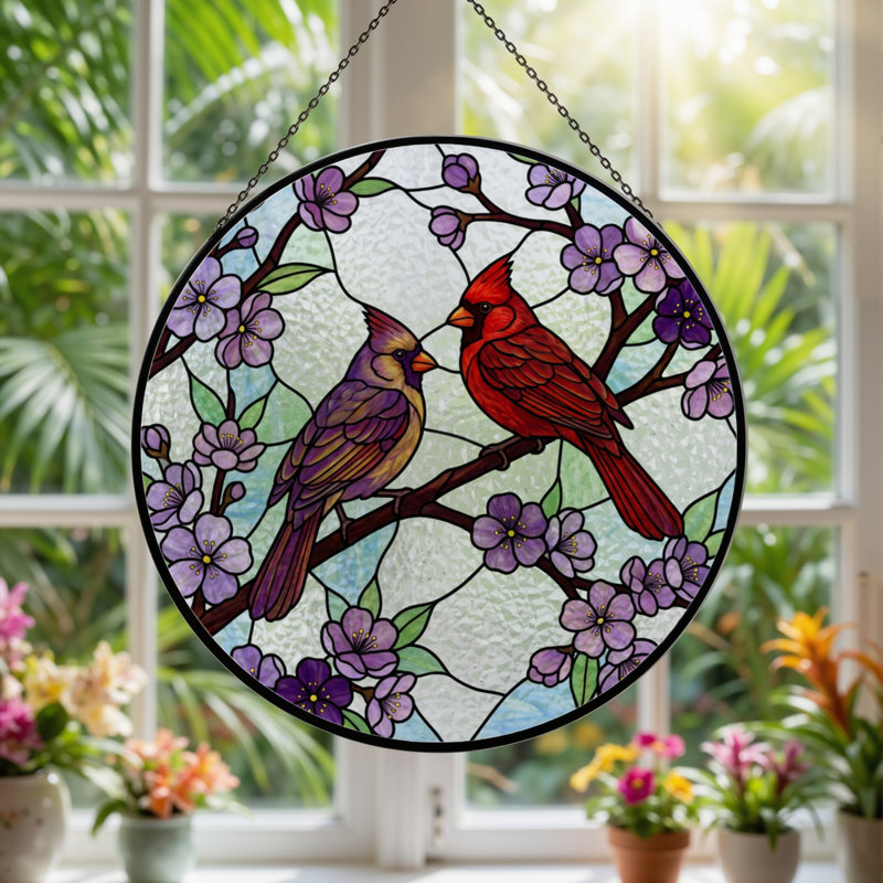 12"H Cardinal Blossom Stained Glass Window Panel, 12" H x 12" W