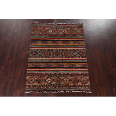 Tapis multicolore en laine noué à la main de conception unique 5 pi x 6 pi 5 po