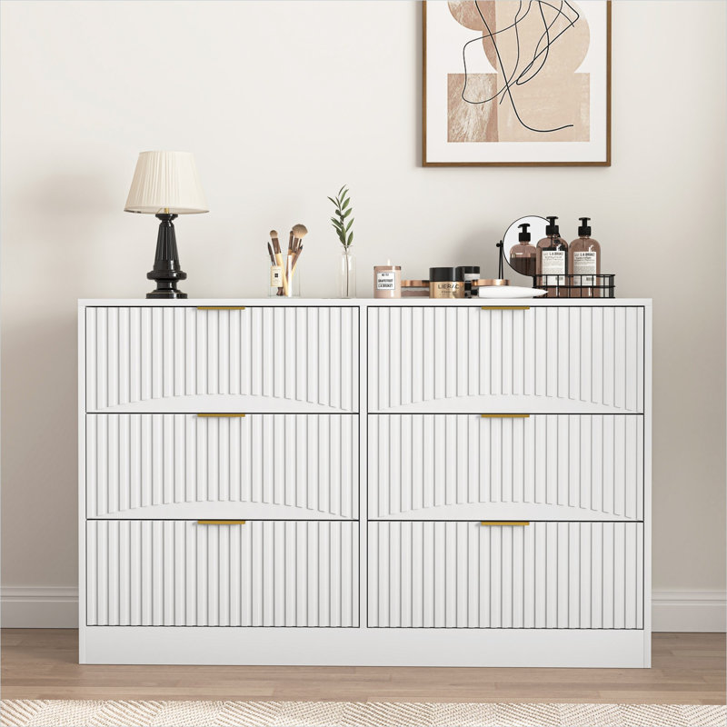 Commode moderne à motif ondulé avec 6 tiroirs spacieux en panneau de particules blanc pur, rangement polyvalent pour la chambre à coucher et les espaces de vie