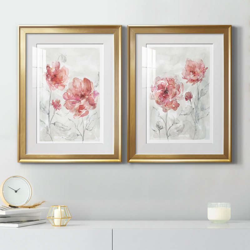 «Blush Botanical I», ensemble de 2 reproductions d'art, H 18,5 po x l 49 po x P 1,5 po, Papier encadré doré, Blanc