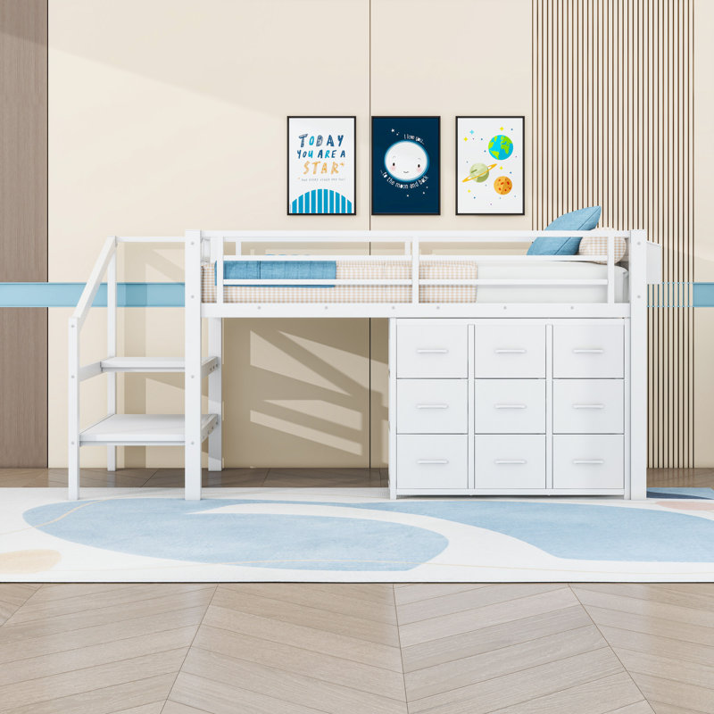 9 Drawers Twin Low Loft Bed with Storage Staircase and Built-In Lighting, White
