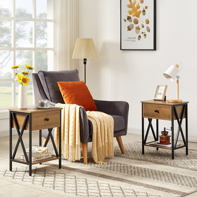 Alameen 22" Tall Nightstand, End Side Tables with Storage Drawer and Open Wood Shelf for Bedroom, Walnut Brown