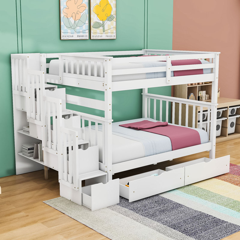 Lit superposé double en bois avec 6 tiroirs avec tablettes de rangement, Blanc