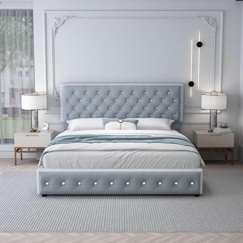 Kendrall Upholstered Platform LED Bed Frame with 2 Storage Drawers, Queen, Gray