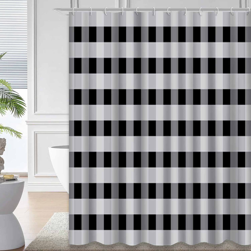 Rideau de douche noir à motif abstrait en toile de vichy noire avec 12 crochets, L 72 po x l 78 po