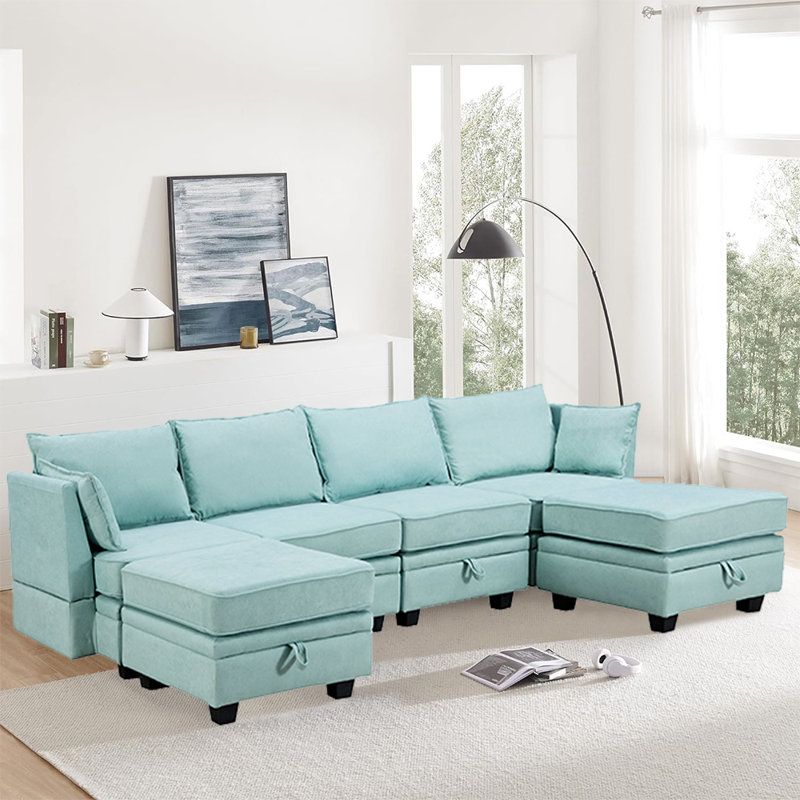 Deneva U-Shape Modular Sectional Sofa with Storage Function, Light Green Linen Blend