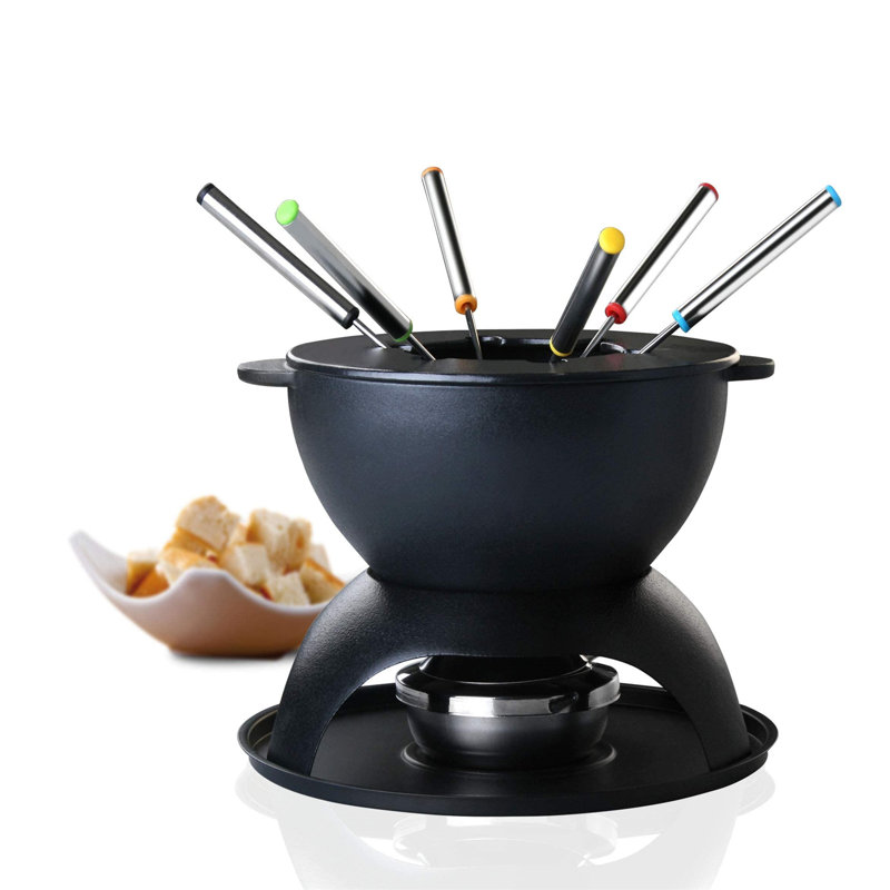 Black Cast Iron Fondue Pot with 6 Colored Forks