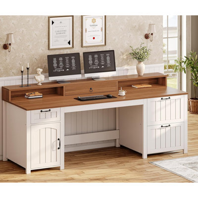 Farmhouse 63" Executive Desk, Wood Computer Desk With Drawers And Storage Cabinet, Home Office Desk With File Drawer And Monitor Stand, Wood Desk For Work Study Writing