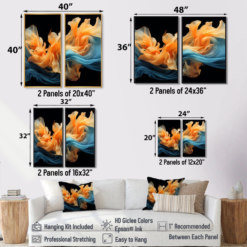 Encre liquide orange vif et turquoise - décoration murale moderne, Black, 36" H x 48" W, Impression encadrée flottante
