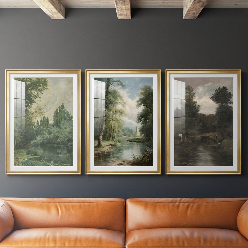 Paysage rétro CXCVII - impression encadrée sur mesure de qualité supérieure - 3 pièces, H 19 po x l 27 po, Doré