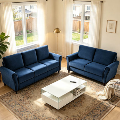 Patricia 2-piece mid-century modern curved arm sofa set, matching 3-seater and loveseat with wood frame for living room