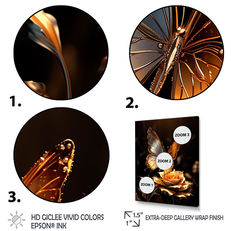 «Gold Butterfly Essence Blooms III», art mural papillon, Cadre simple noir, H 32 po x l 16 po x P 1 po