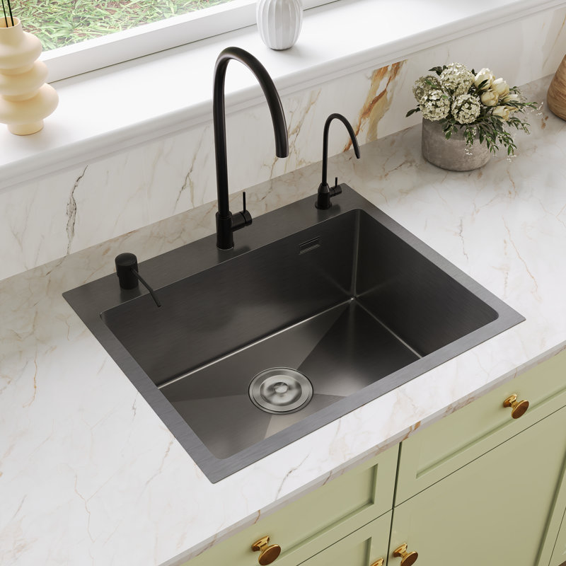 DeerValley 55×45 cm Stainless Steel Drop-In Sink with Faucets, Pop-Up Strainer & Drainer Basket, Nano Black