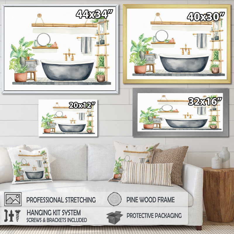 «Natural Bathroom Decor IV», reproduction sur toile, Cadre flottant doré, H 12 po x l 20 po x P 1 po