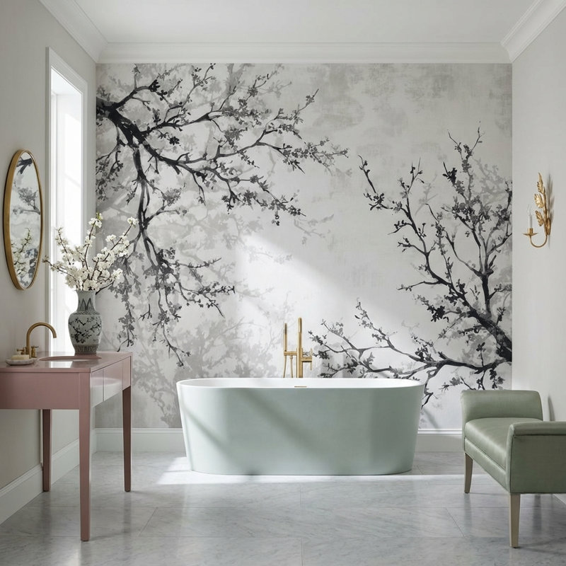 Papier peint floral minimaliste à motifs de branches, 140"x108", Peel and Stick