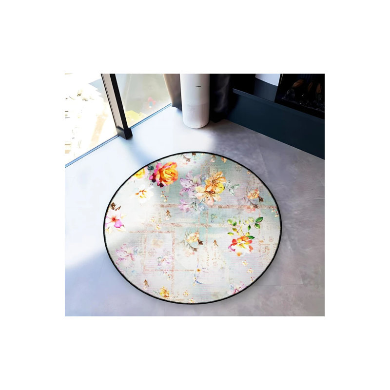 Gray Themed Floral Patterned Round Woven Base Vintage Decorative Carpet, Round 5'