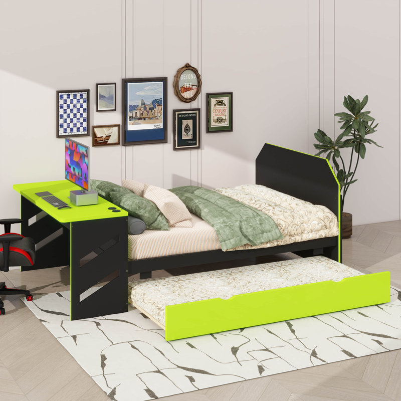 Lit de jour en bois double - Lit gigogne simple, bureau et ports de chargement USB inclus, Vert