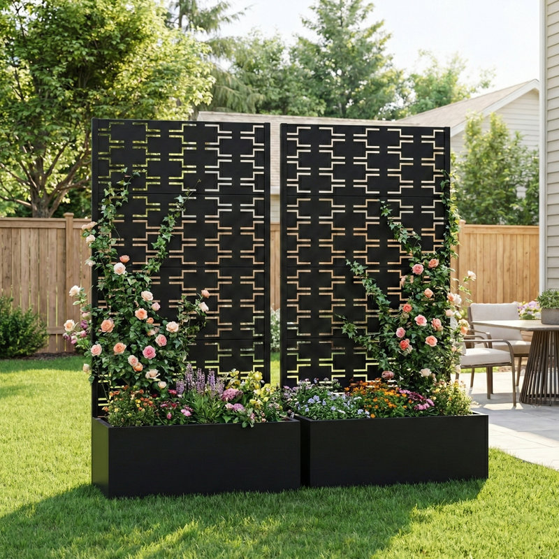 Metal Planter Box with Trellis with Wheels, Black