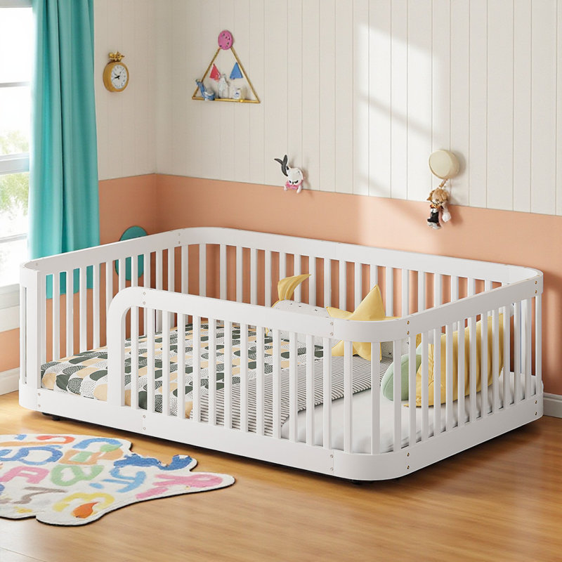 Wood Floor Bed With Guardrail, Full, White