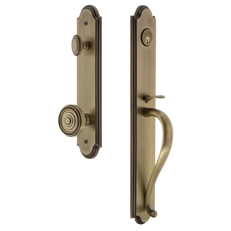 Complete Inactive Arc Dummy Handleset with Soleil Knob and Rosette, Vintage Brass