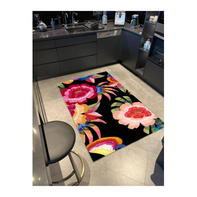 Black Color Themed Rose and Flower Motif Rug