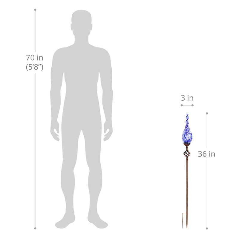 Blue Hand Blown Glass Flame Garden Stake with Metal Finial