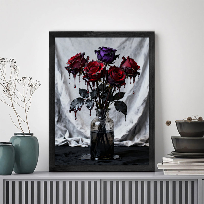 Art mural rétro noir encadré rose mortuaire, impressions de style gothique foncé, H 11 po x l 9 po