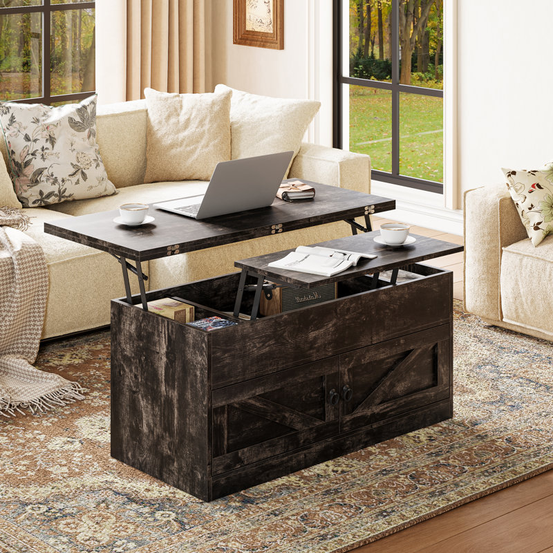 Lift Top Farmhourse Coffee Table With Storage, Dark Rustic Oak