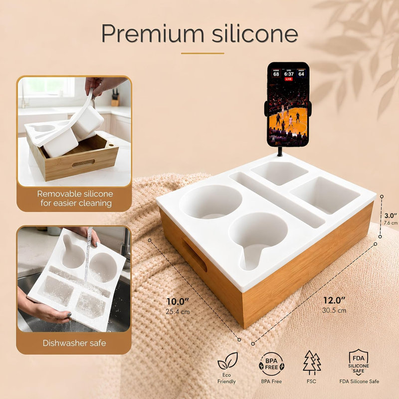 Organisateur de canapé avec plateau pour téléphone et porte-gobelet, blanc