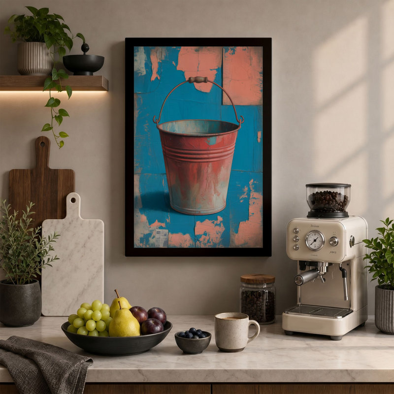 Weathered Bucket Rustic 1 Piece Wrapped Canvas Wall Art, 18x12 - 45.7 x 30.5 cm, Terracotta Border