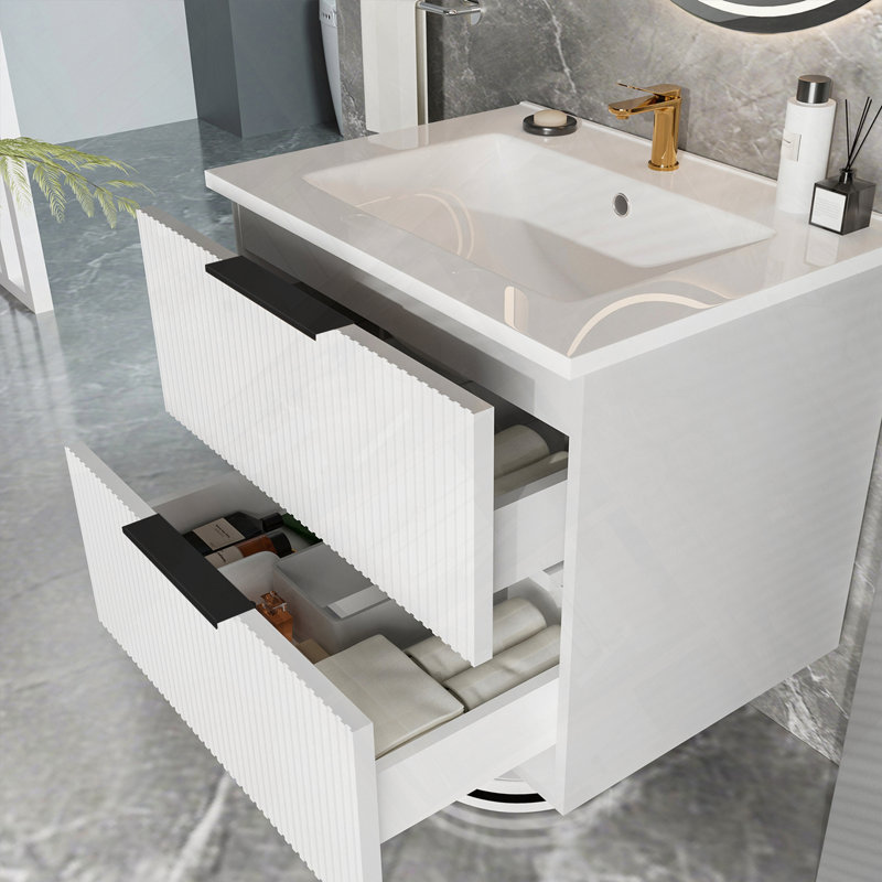 Meuble-lavabo mural flottant avec lavabo et tiroirs en céramique, Blanc mat