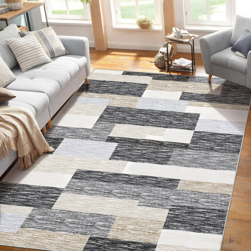 Geometric Machine Washable Area Rug with Rubber Backing for Living Room Plaid Non-Slip Rug Modern Indoor Carpet Non-Shedding Rug for Bedroom Dining Room Hallway Kitchen Office Playroom Nursery