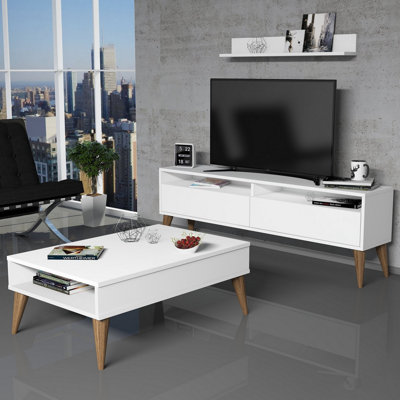 Modern Scandinavian Living Room Furniture Set, White Finish, 59.1 x 19.7 x 11.8 inches TV Stand | 35.4 x 13.6 x 23.6 inches Coffee Table | Wall-Mountable Shelf 35.4 x 4.6 x 5.3 inches | 100% Melamine Coated Particle Board, Stylish & Functional Design