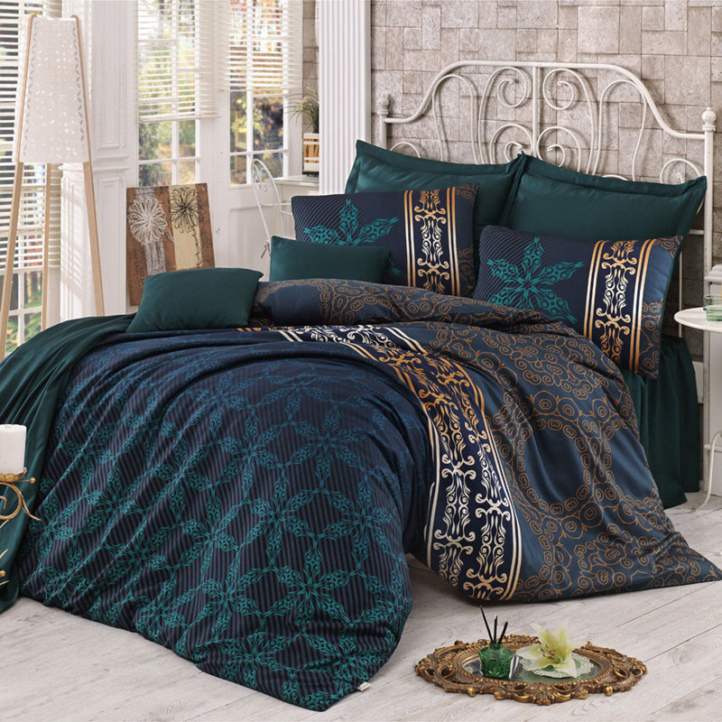 Ensemble de housse de couette 100% coton Julie, Housse de couette 55 po x 79 po + 1 taie d'oreille, Bleu / brun moutarde