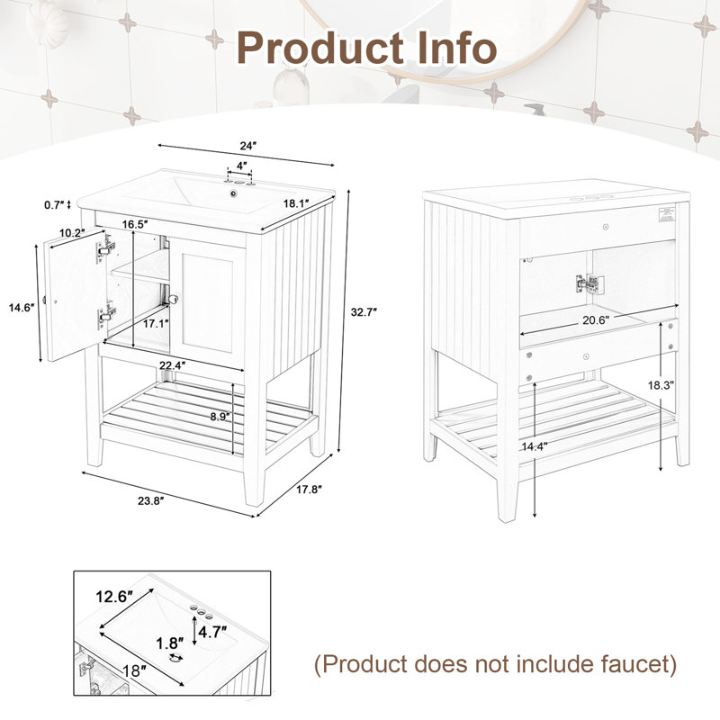 24'' Single Bathroom Vanity with Ceramic Top, Brown / Black