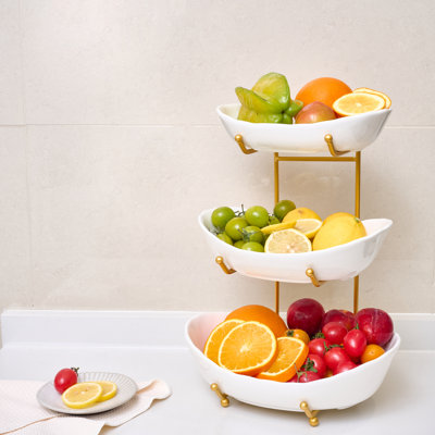 Modern 3-Tiered Ceramic Fruit&Dessert & Snack Bowl With Metal Stand