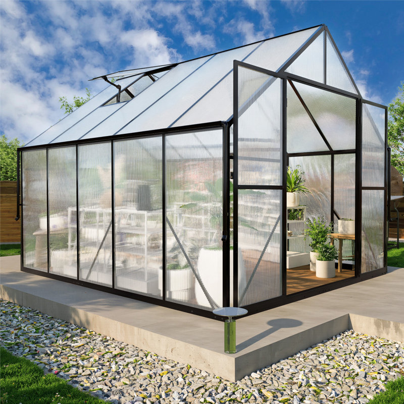 8x10 Ft Greenhouse For Outdoors, Polycarbonate Green House With Adjustable Roof Vent And Rain Gutter, Aluminum Large Walk-in Greenhouse With Quick Setup Structure For Outside Garden Backyard Patio