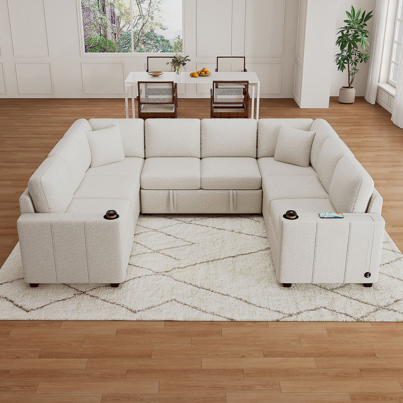 Canapé-lit modulaire convertible en U de 107,1 po pour salon, beige, Chenille beige