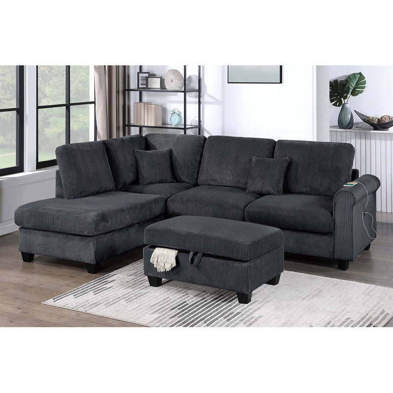 Contemporary Style 3Pc Sectional Set Right Arm Chaise Left Arm Sofa W/ USB Port Storage Ottoman Throw Pillow Wooden Legs Black Finish Primary Living Room