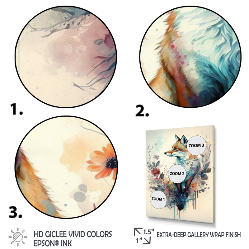 Cute Fox Floral Art III - Animals Canvas Wall Art, 32" H x 16" W x 1" D, Wrapped Canvas