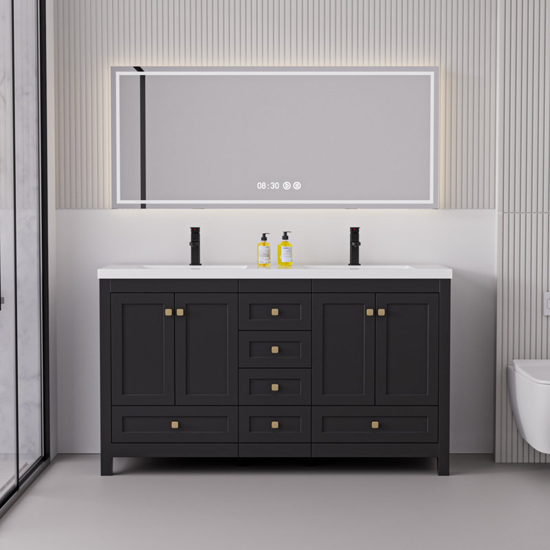 Wimer 60'' Modern Double Sink Bathroom Vanity with Spacious Resin Top, Faucet, Assembly Required, Black