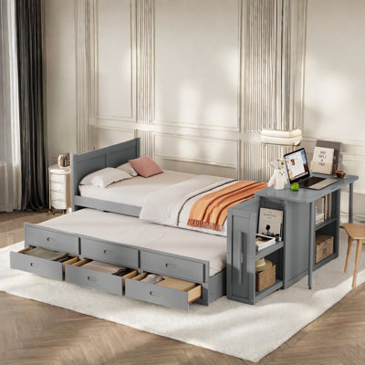 Lit plateforme multifonctionnel en bois avec bureau et tablettes de rangement, lit gigogne intégré et 3 tiroirs