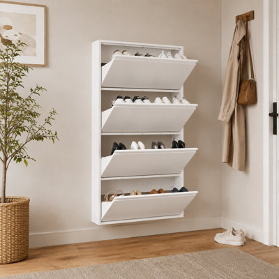 White Wall Mounted Hidden Shoe Storage Cabinet Set of 1, Narrow Metal Shoe Rack with 4 Flip Drawers for Household Entryway
