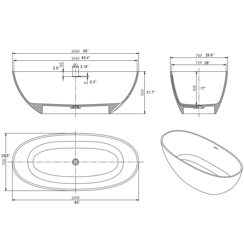 65'' x 29.5'' Soaking Solid Surface Bathtub