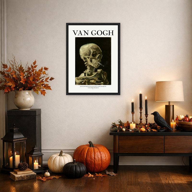 Fumeur squelette d'Halloween par Vincent van Gogh, reproduction d'art sur toile encadrée, L 18 po x H 24 po, Noir Sylvie