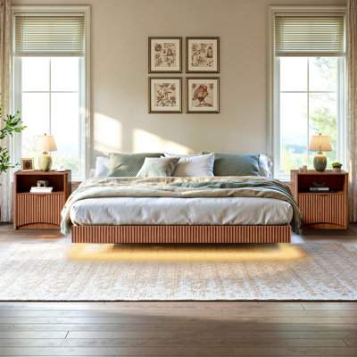 3-Piece Bedroom Furniture Set-Bed with 2 Nightstands, Mid Century Modern Bedroom Set