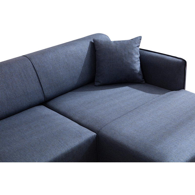 Stylish Corner Sofa, Blue Fabric, 106.3 x 55.1 x 26.4 inches | Beech Wood & Chipboard Frame, 100% Polyester Upholstery, 8 cm Foam + Feather Cushions | Includes 2 Pillows, Turnable Backrest, Ideal for Industrial & Scandinavian Decor